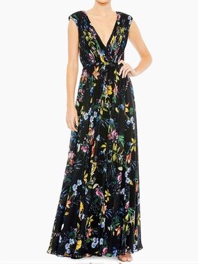 Mac Duggal Pleated Floral A-line Evening Gown